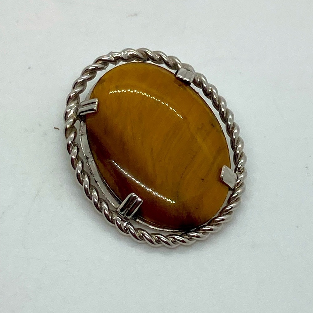 Vtg 1950s Sterling Silver & Tigers Eye 2 Way Brooch / Pendant 925 | 1.2”